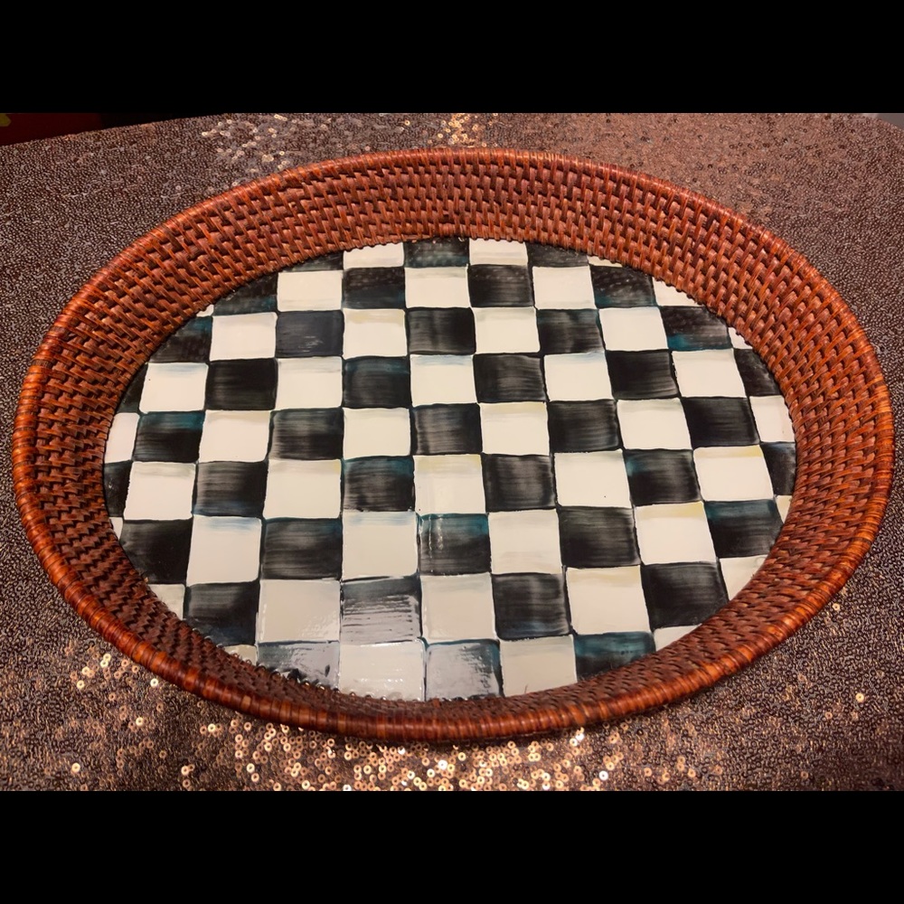 Mackenzie-Childs never used courtly check large ceramic and rattan tray.